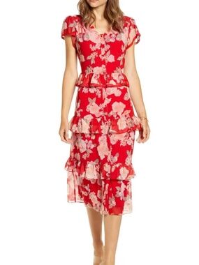 Rachel Parcell Floral Peplum Tiered Midi Dress Red / Pink Size Small, EUC